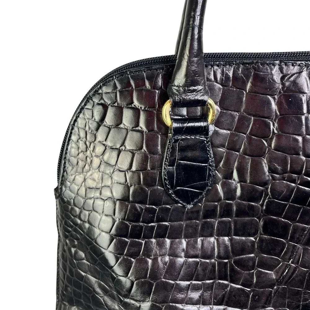 Talbots Handbag Womens Black Faux Croc Gold Trim‎ Old Money Classic Structured